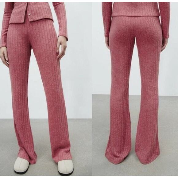 Zara Ribbed Knit High Waist Flare Pants Pink Stretch Size Medium Boho Bohemian - Picture 2 of 11